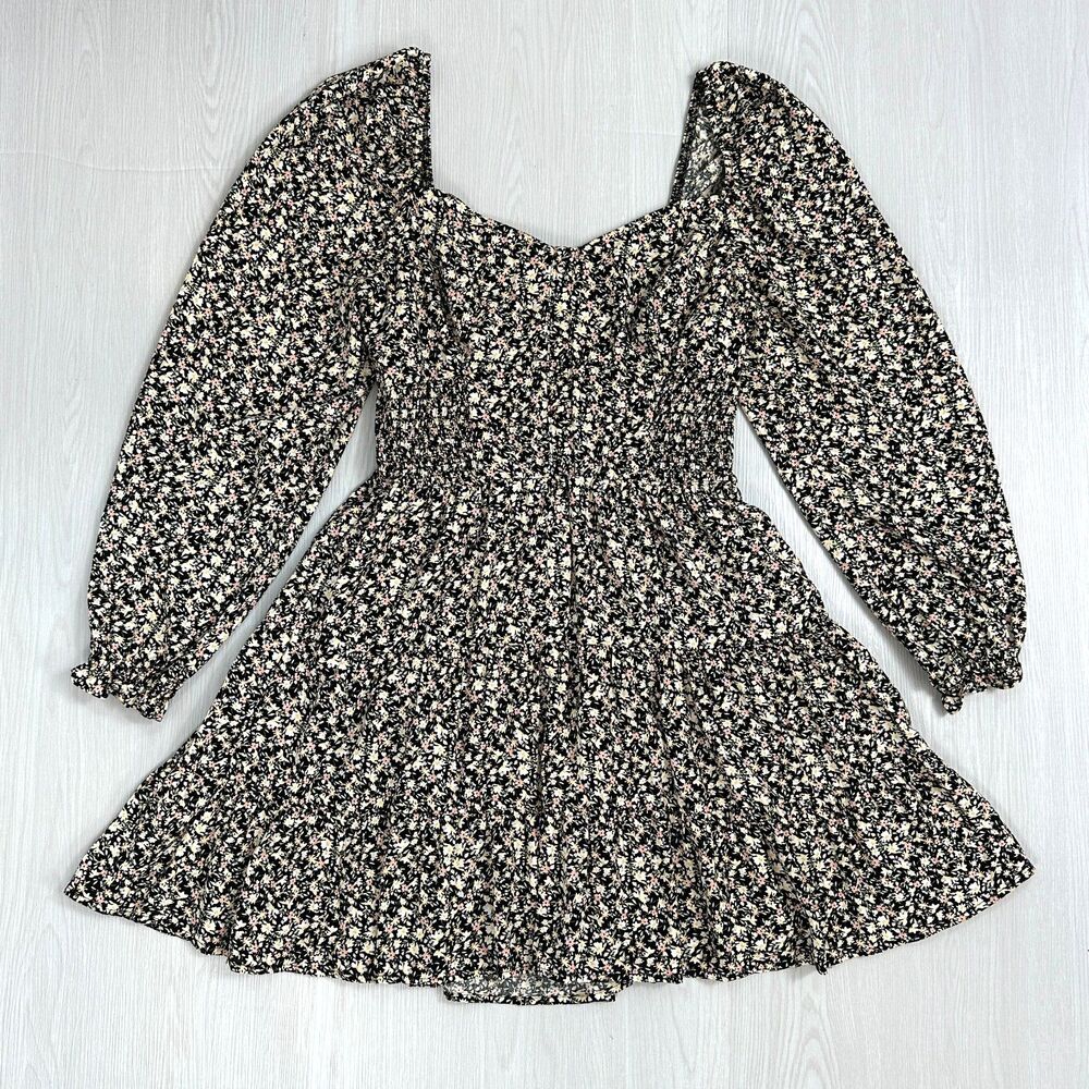 SO Women's Black Print Floral Sweetheart Neck Long Sleeve Babydoll Dress Size L